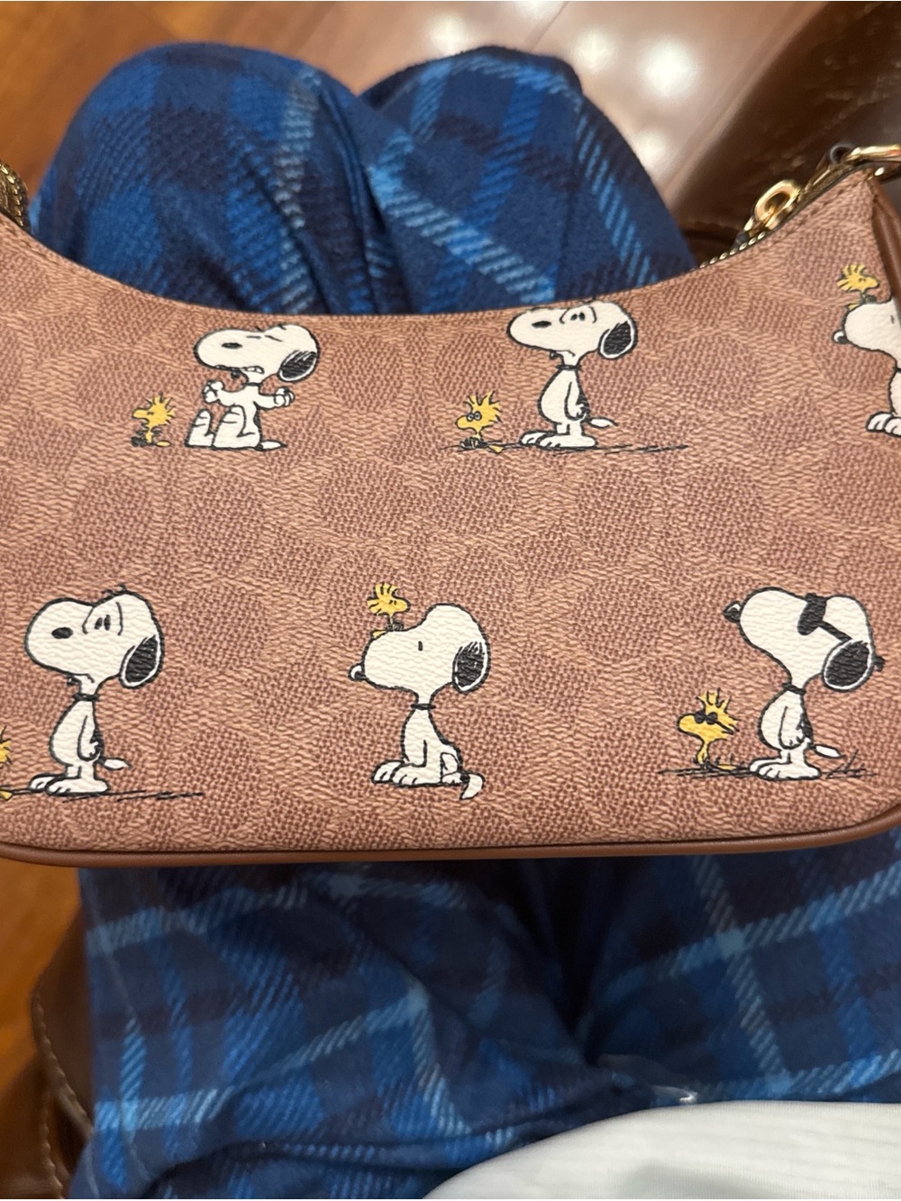 Coach Brown Snoopy Print Mini Shoulder Bag with Yellow Accents